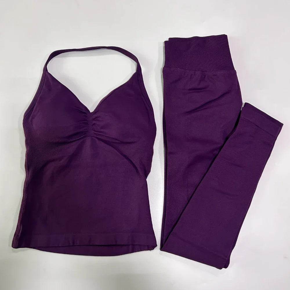 NO LOGO 2 Pieces Leggings Set Women Seamless Yoga Set Backless Tank Tops High Waist Scrunch Suit Fitness Scrunch Gym Sportswear