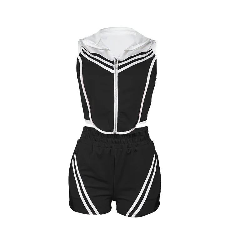 Slergiri Women's Casual Stripe Sleeveless O-Ring Zipper Crop Top with Shorts Elastic Slim Sports Two Piece Set Summer Streetwear