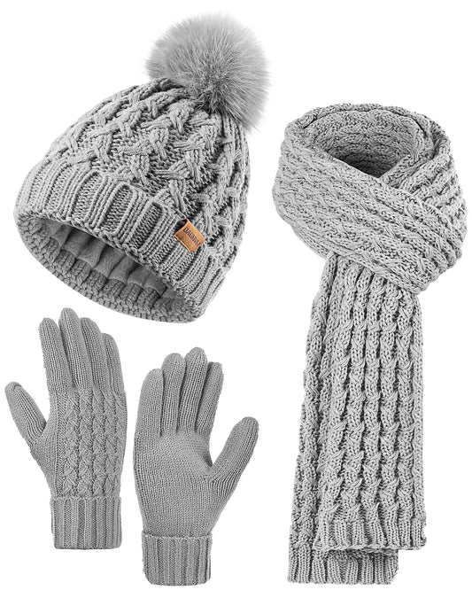Beanie Hat Scarf Gloves Set Pom Hat