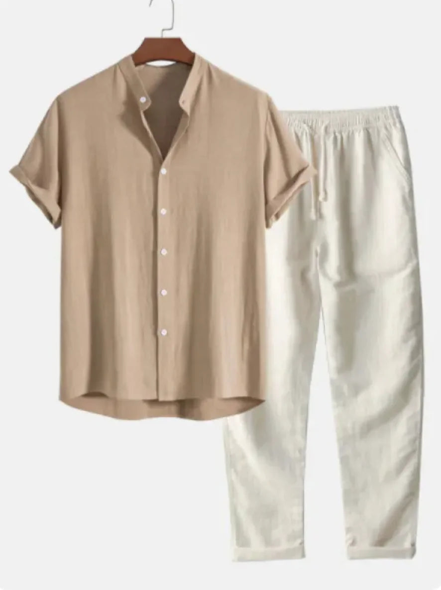 Cotton-Linen Beachwear Short Sleeve Suit