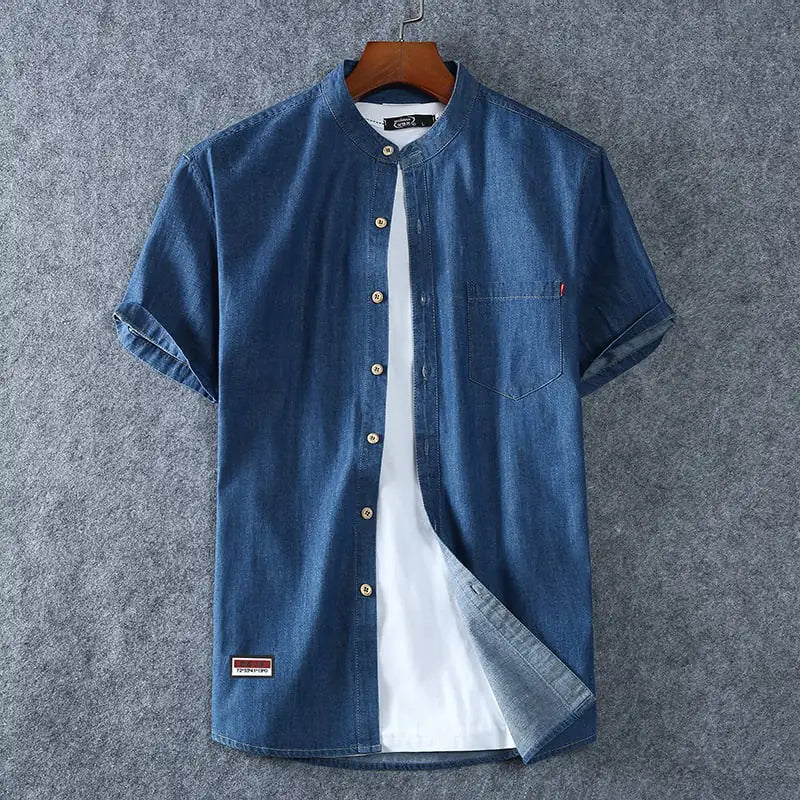 Casual Round Neck Denim Short Sleeve Shirt
