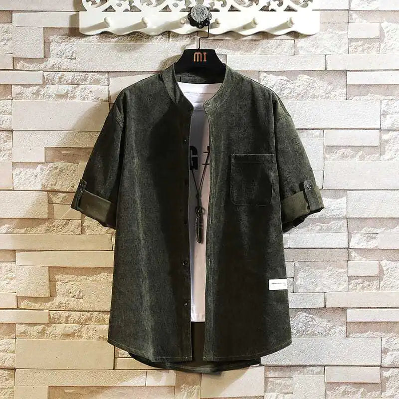 Casual Men's Loose Shirt with Pockets and Stand Collar