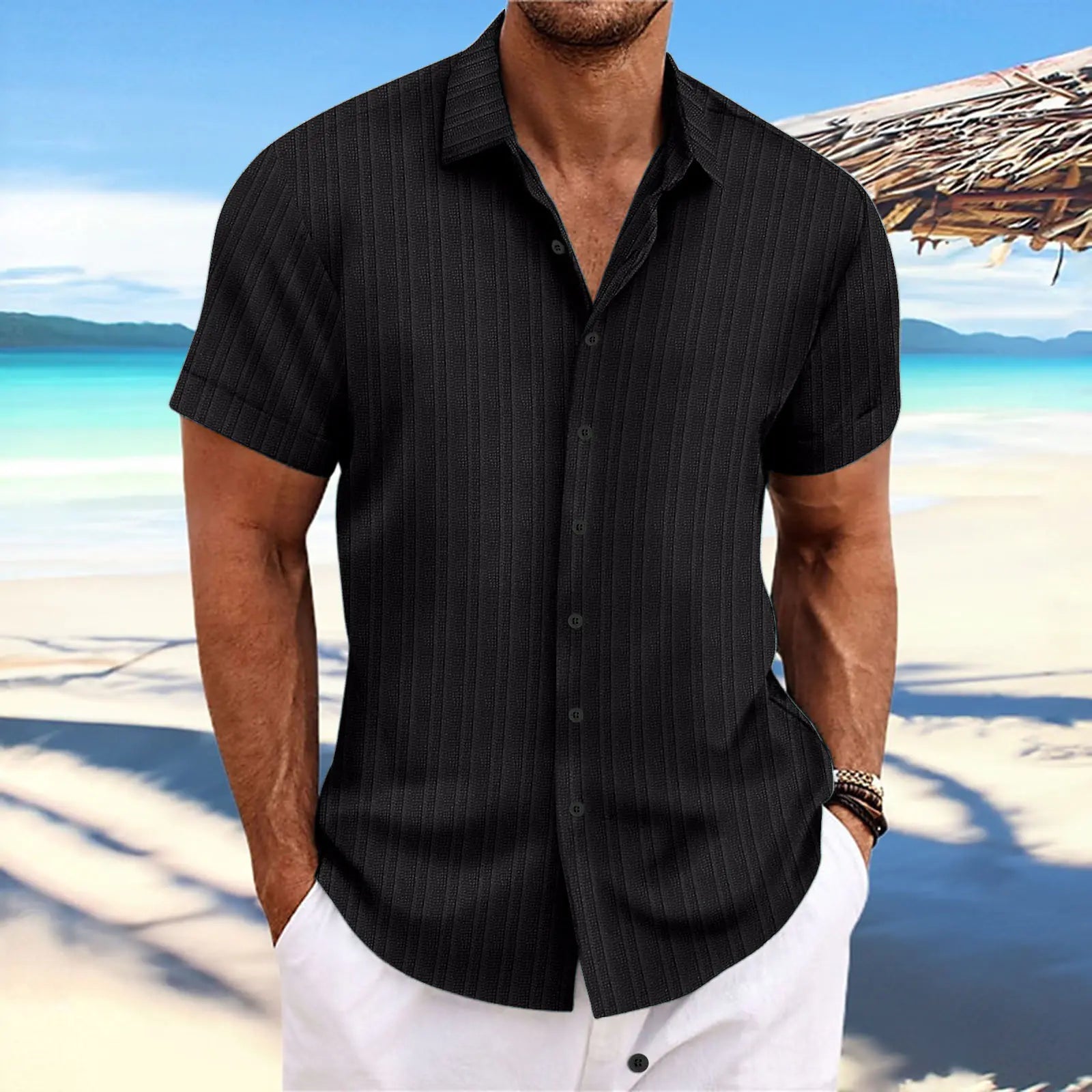 Men's Cotton-Linen Striped Casual Loose Short Sleeve Shirt