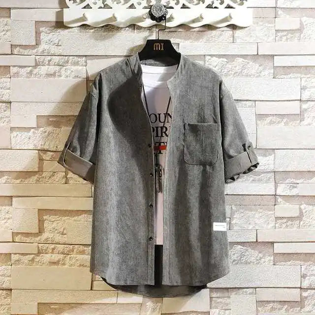 Casual Men's Loose Shirt with Pockets and Stand Collar