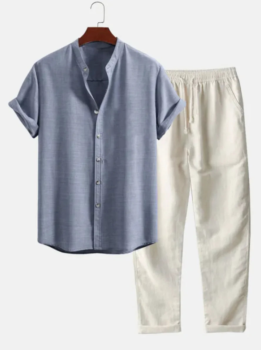 Cotton-Linen Beachwear Short Sleeve Suit