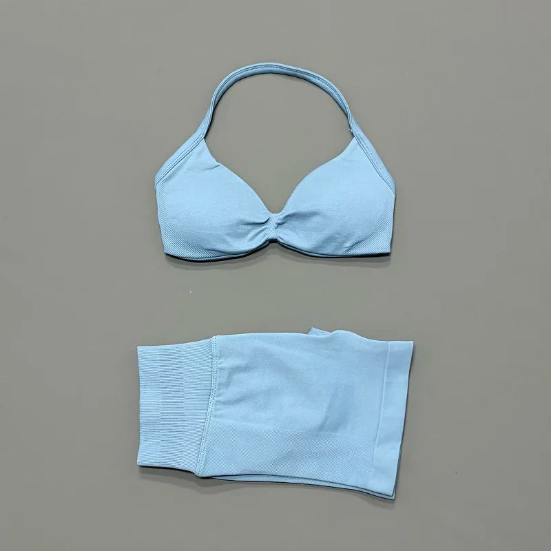 2 Piece Sports Set Women Strappy Yoga Bra Gym Workout Scrunch Shorts Sports Suit Fitness Clothes Seamless Yoga Set