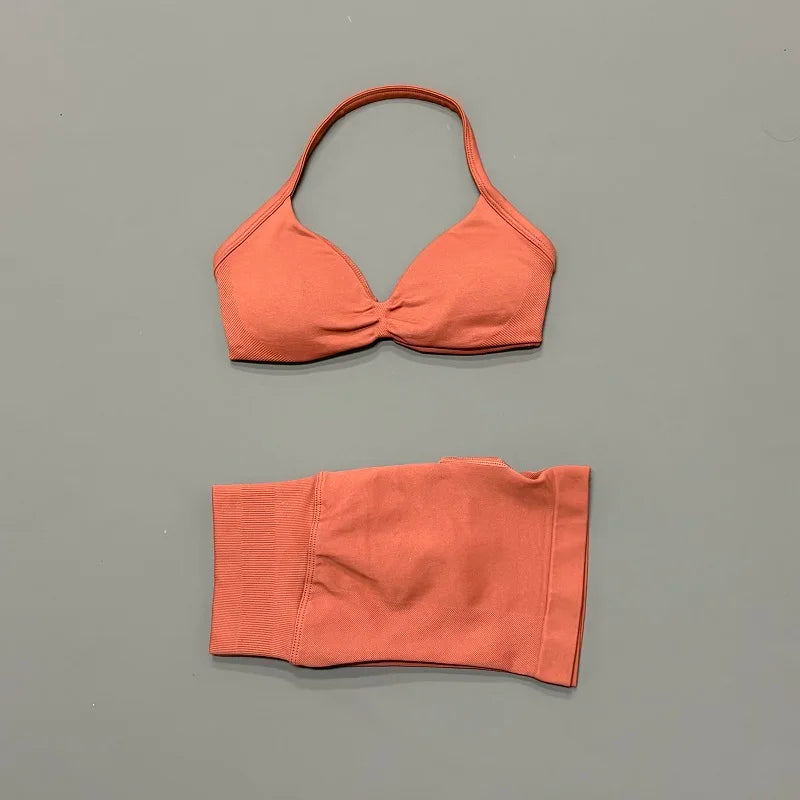 2 Piece Sports Set Women Strappy Yoga Bra Gym Workout Scrunch Shorts Sports Suit Fitness Clothes Seamless Yoga Set