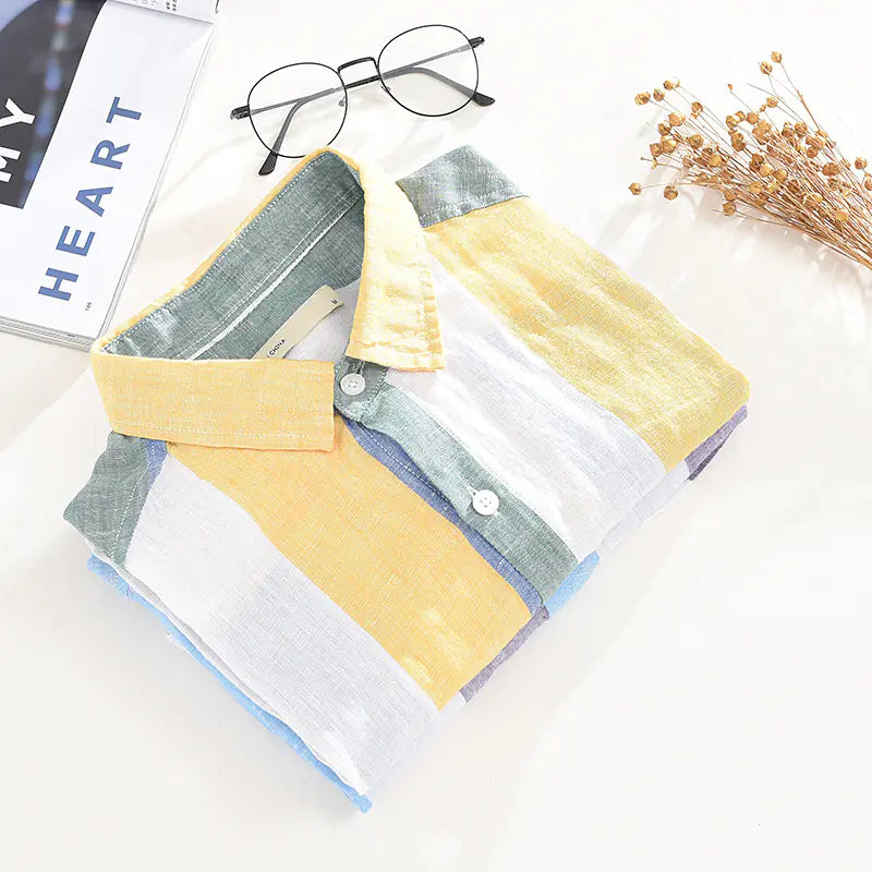 Men's Loose-Fit Striped Linen Short Sleeve Shirt