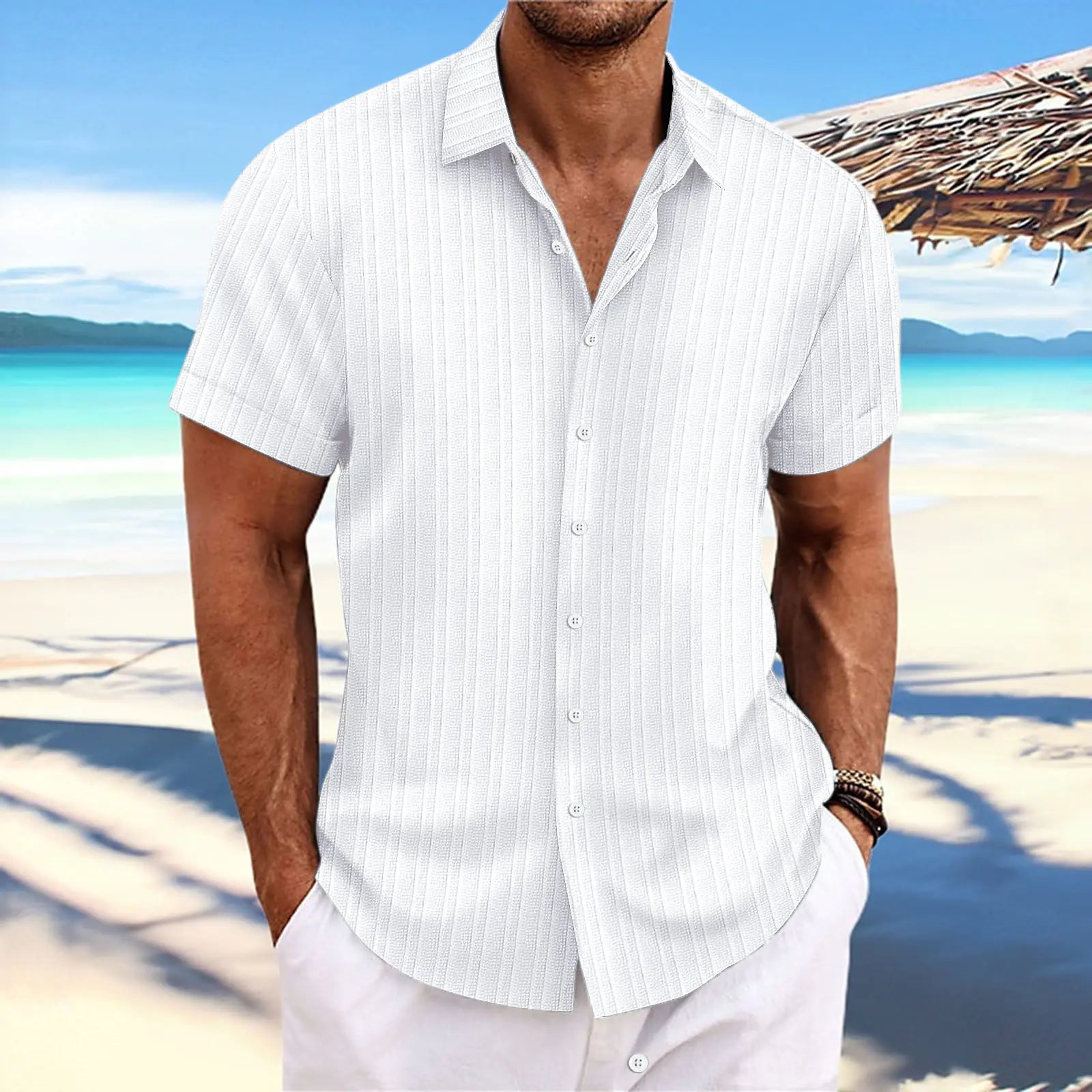Men's Cotton-Linen Striped Casual Loose Short Sleeve Shirt