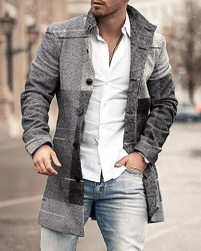 Men's Woolen Stand Collar Medium Long Casual Coat