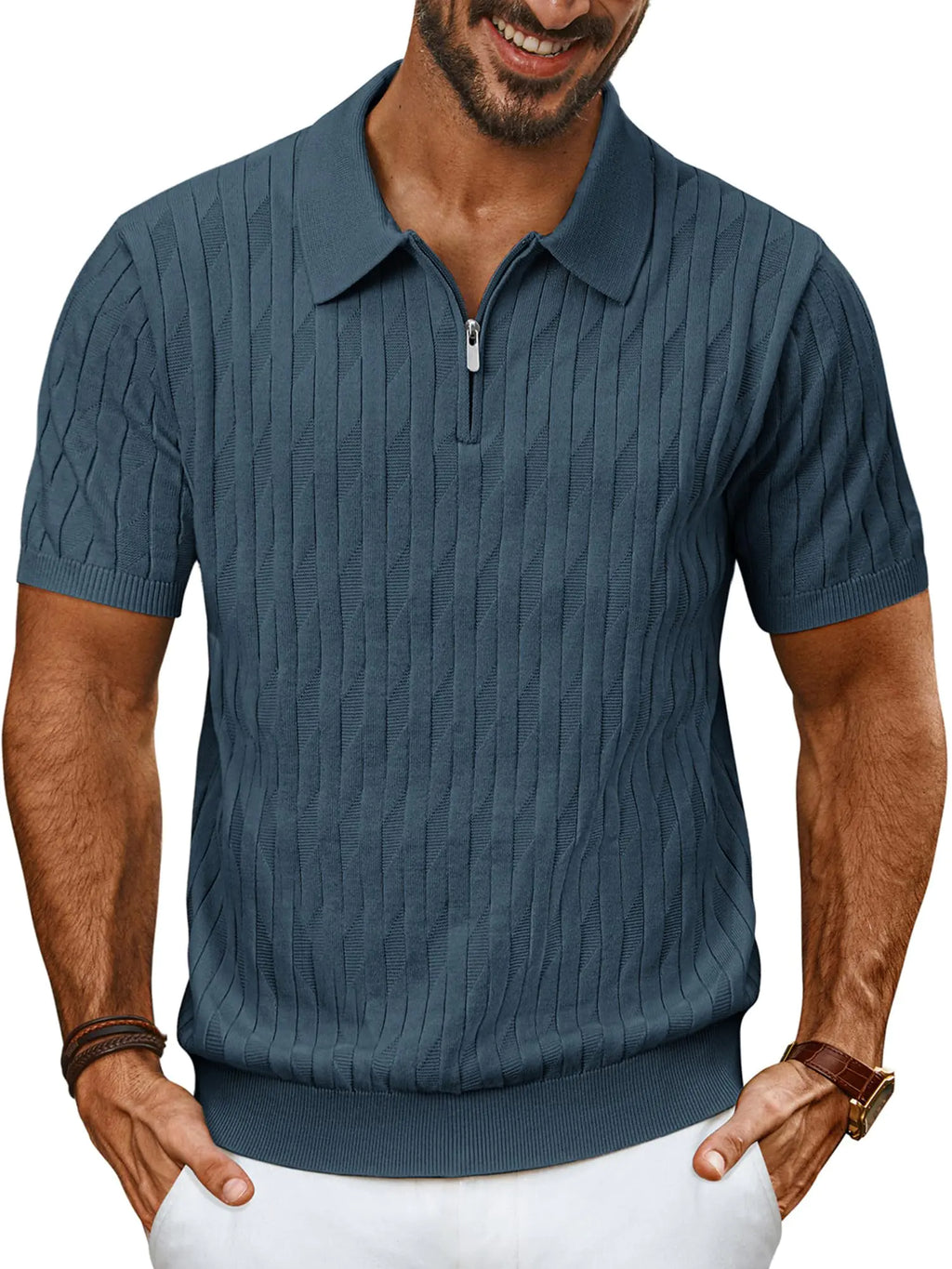 PJ PAUL JONES Mens Polo Shirts Short Sleeve Textured Knit Polo Men Quarter Zip Polo T Shirts for Men Slim Fit Blue Gray