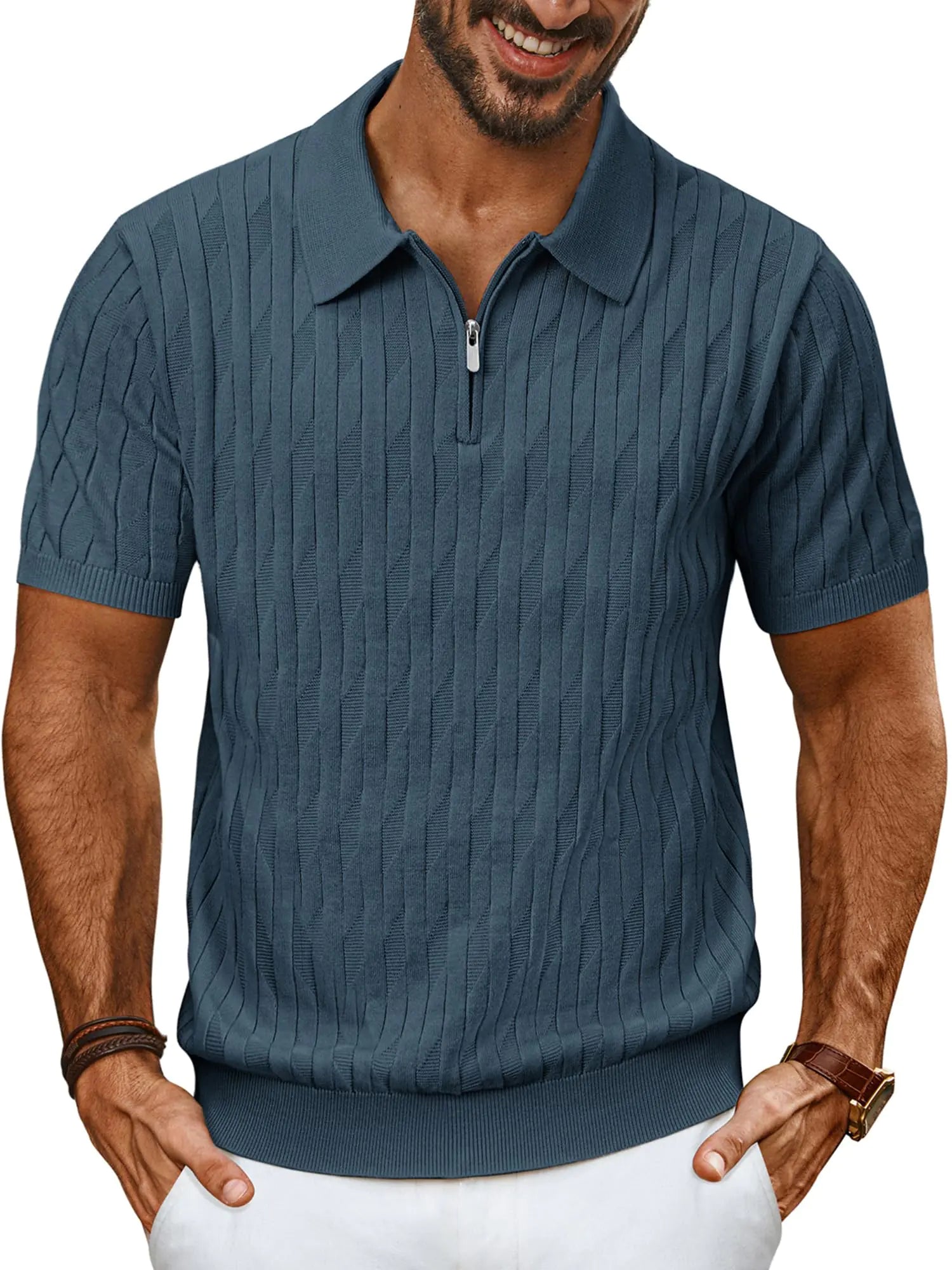 PJ PAUL JONES Mens Polo Shirts Short Sleeve Textured Knit Polo Men Quarter Zip Polo T Shirts for Men Slim Fit Blue Gray