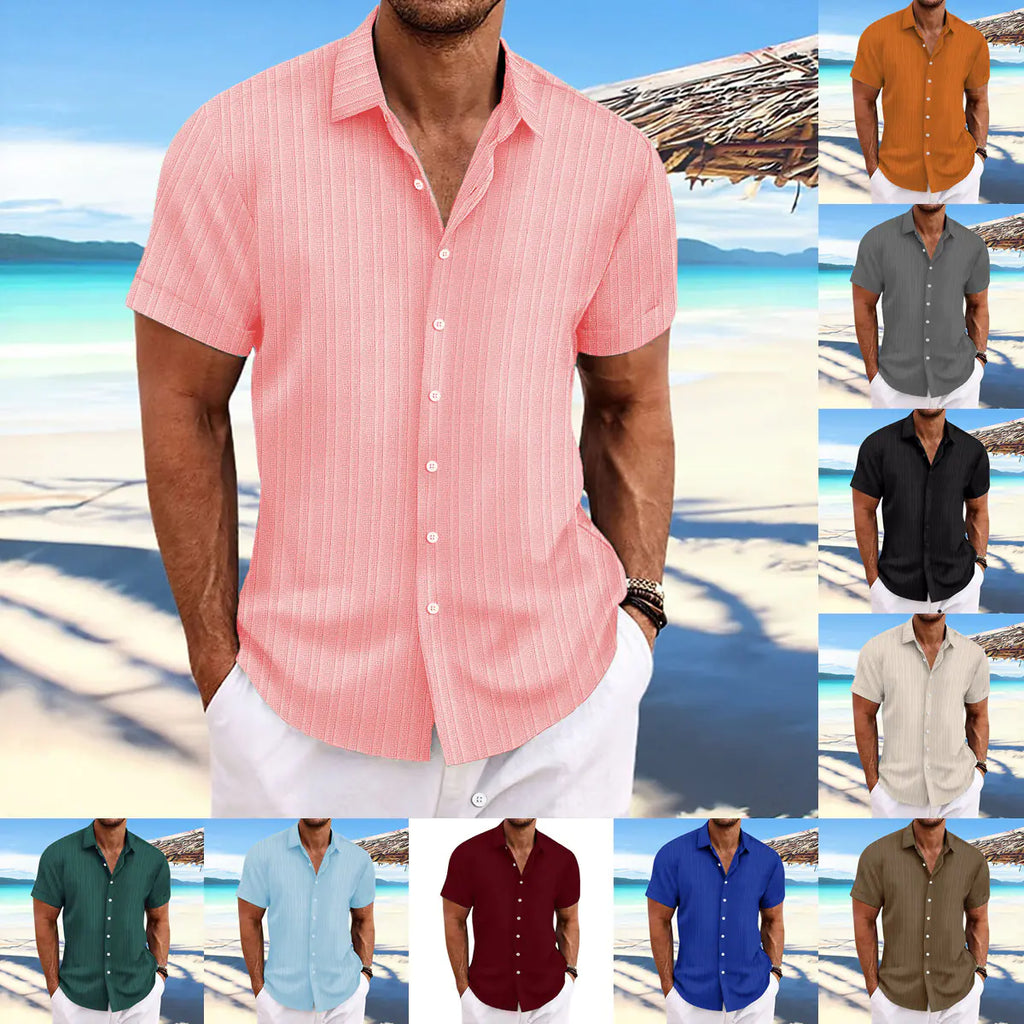 Men's Cotton-Linen Striped Casual Loose Short Sleeve Shirt