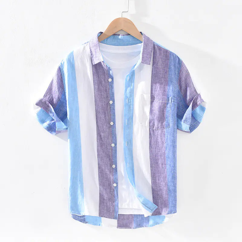 Men's Loose-Fit Striped Linen Short Sleeve Shirt